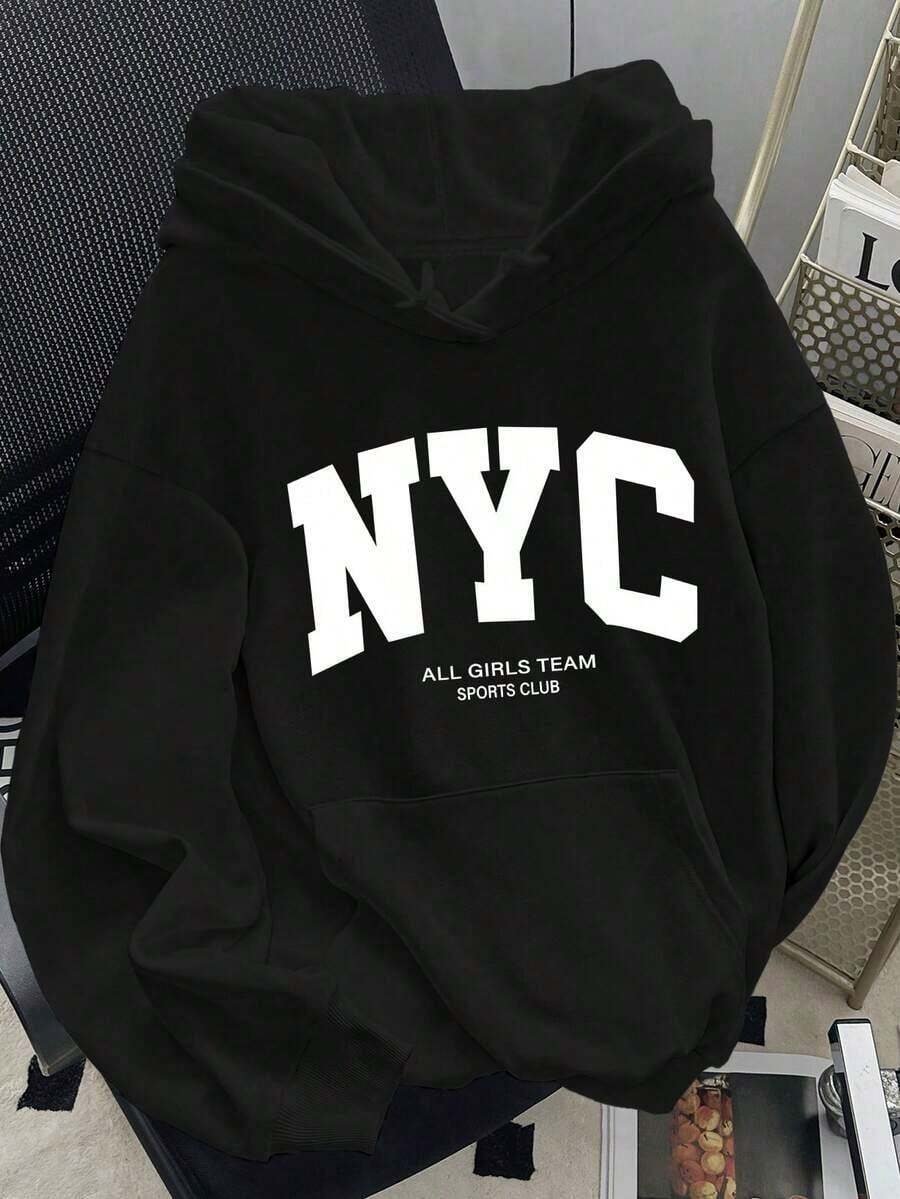2025 HoodiesWomen's Slogan Print Thermal Lined Casual Loose Fit Hoodie Sweatshirt, Autumn/WinterLoose And Comfortablewinter Clothes For Women - 黑色 - 查看 1