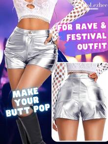 Pantalones cortos tipo culotte, pantalones de rave de piel sintética, pantalones de talle alto de talla grande. Un RAUM para el Día de San Valentín - Plateado - Ver 4