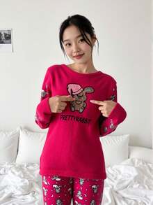 Conjunto de pijama feminino plus size, tecido grosso, bordado e estampado de coelho na cor vermelha - Vermelho - Ver 1
