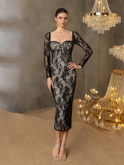 Faeriesty Elegant Floral Lace Long Sleeve Midi Dress, Heart Neckline, Fitted Silhouette - Suitable For Romantic Evenings And Formal Occasions