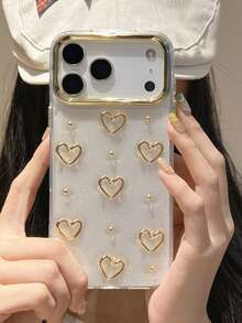 闪光 3D 镂空金属心形蝴蝶结手机壳适用于 17 Pro Max 16 15 14 13 12 Pro Max Plus 11 女款可爱滴胶透明防震保护套 - 金色愛心 - 查看 2