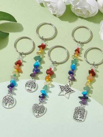 Set de 5 piezas de colgante de teléfono con árbol de la vida, llavero con cuentas multicolor minimalista y asimétrico como regalo