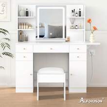 ALFORDSON Dressing Table With Mirror, LED Lights, Socket, Vanity Table With 5 Drawers, 2 Cabinets And 6 Shelves, Vanity Table For The Bedroom Dressing Room, White - 白色 - 查看 10
