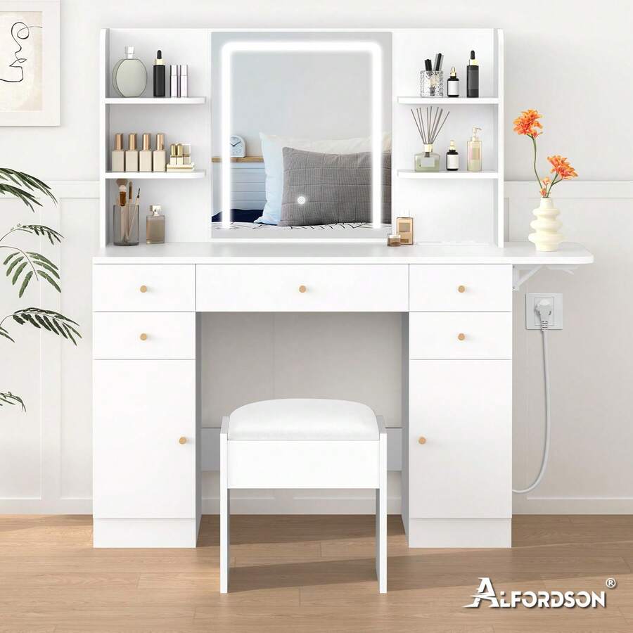 ALFORDSON Dressing Table With Mirror, LED Lights, Socket, Vanity Table With 5 Drawers, 2 Cabinets And 6 Shelves, Vanity Table For The Bedroom Dressing Room, White - 白色 - 查看 1