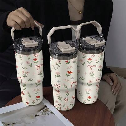 保温保冷 - 1 件 30 盎司不锈钢汽车杯，带手柄，携带方便，花朵和蝴蝶结图案印花，精致美观，满足日常使用需求，适合个人使用或作为礼物、圣诞礼物、节日礼物、生日礼物等，适用于多种场景