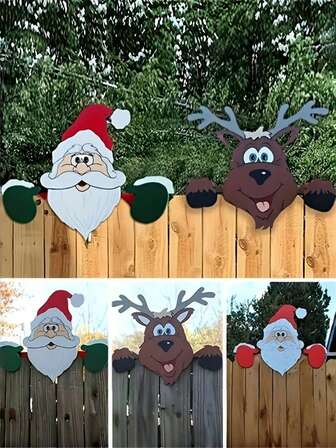 2Pcs 13 Inch Christmas Garden Fence Wall Decoration, Fun Santa Claus And Elk Climbing Wall, Holiday Christmas Fence Probe - Santa Claus And Elk Design, Outdoor Garden Decoration, Perfect For Family And Garden Festival Celebrations, Christmas Decorations Outdoor, Seasonal Garden Decorations, Happy Animal Design
