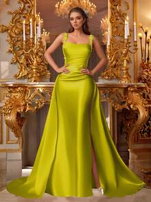 VIPGIRL 绿色无袖垂坠缎面礼服，配亮片肩带和长拖尾，优雅的女士美人鱼礼服，舞会礼服，晚礼服，婚礼宾客礼服，奢华迷人的舞会礼服 - 綠色 - 查看 7