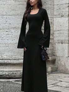 Women Casual Round Neck Bodycon Long Flare Sleeves Back Tie Elegant Daily Street Fall Winter Long Dress - Black - View 4