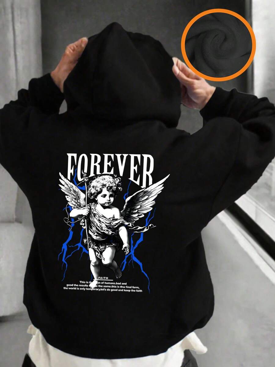 青少年男孩趣味印花套头卫衣，带保暖内衬，适合秋冬季穿着 - 黑色 - 查看 1