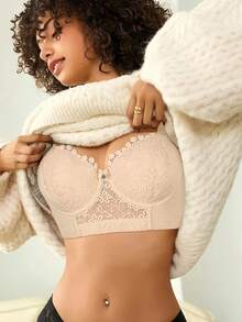 Hersunei Bộ đồ lót ren màu be gợi cảm Peach Girl, áo ngực nâng ngực cho nữ, áo ngực thoải mái giúp ngăn ngừa chảy xệ. - Màu be - Xem 10