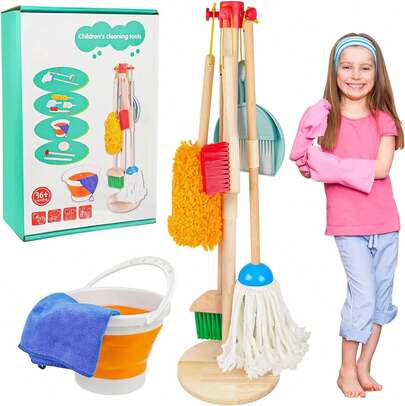 Juego De Limpieza Para NiñOs, 6 Piezas Set De Limpieza Para NiñAs Desmontables Con Fregona Cepillo Escoba Recogedor Balde Y Soporte Organizador, Regalo Juguetes De Rol Para NiñAs NiñOs