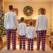Family Christmas Pajamas Set, Long-Sleeved Elk Print Top + Stretch Plaid Pants / Pajamas Set, Very Suitable For The Whole Family To Wear Pajamas Home Clothes - 白色 - 查看 5