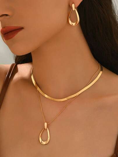 2 peças/Conjunto Conjunto de Joias Minimalista Colar + Brincos para Mulheres, Conjunto de Joias Geométricas Oca e Pingente em Forma de Gota d'Água na Moda, Colar de Corrente de Cobra de Camada Dupla, Adequado para Uso Casual, Festa, Férias