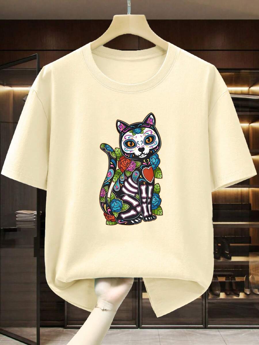 Camiseta Hombre con Estampado de Gato Día de Muertos, Diseño Mexicano Colorido y Detallado, Estilo Calavera con Flores, Ideal para Fiestas Temáticas, Festival de la Muerte, Moda Urbana y Cultura Latina, en México - Albaricoque - Ver 1
