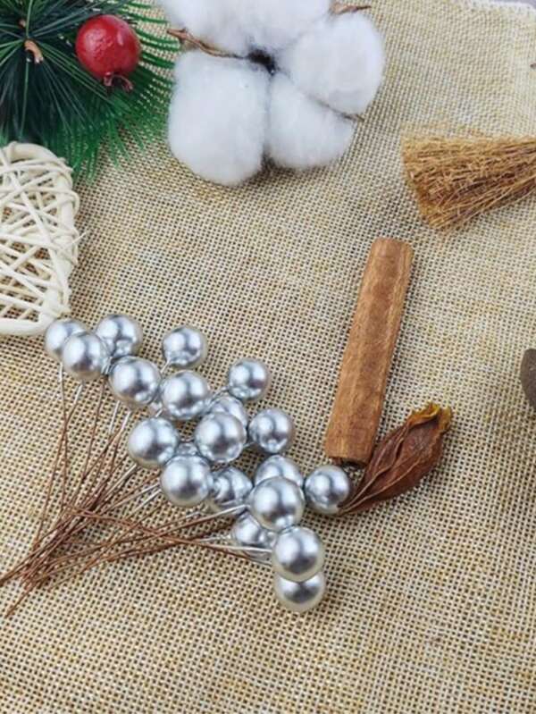100pcs Silver Single Berry Christmas Glitter Berry Stems, Christmas Holiday Decor Stems
