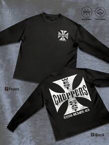Showcasing West Coast Choppers In A Bold Maltese Cross Sports Graphic Long Sleeve Tee For Autumn Or Winter Casual Wear Round Neck Double Sided Print 1pcs 100% Cotton - 黑色 - 查看 1