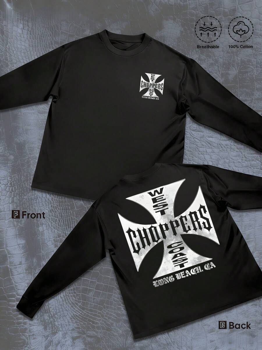 Showcasing West Coast Choppers In A Bold Maltese Cross Sports Graphic Long Sleeve Tee For Autumn Or Winter Casual Wear Round Neck Double Sided Print 1pcs 100% Cotton - 黑色 - 查看 1