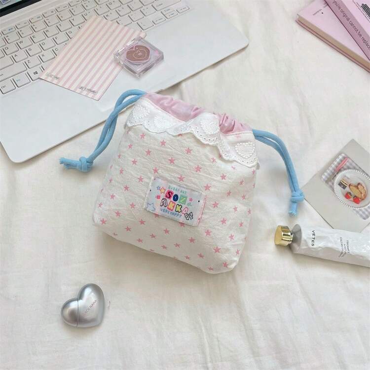 1 Túi đựng mỹ phẩm có dây rút viền ren dễ thương, Túi đựng đồ vệ sinh cá nhân khi đi du lịch - Nhiều màu - Xem 5