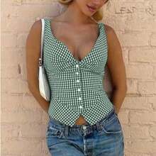 女士夏季休闲无袖粗肩带纽扣格子背心，女士夏季服装，女士度假服装 - 綠色 - 查看 5