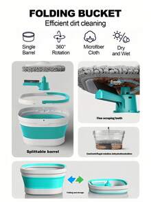 Flat Floor Mop And Bucket Set, Foldable Spin Mop For Floor Cleaning & Square-Head Collapsible Bucket, Bathroom Cleaning Mop, Spin Mop With Adjustable Handle - Wet And Dry Use, Ideal For Hardwood, Tile, And Marble Floors, Household Essentials, Blue, Green - 綠色 - 查看 8