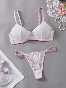 Lingerie Style Ladies' Romantic And Sexy Pink Bowknot Floral Sheer Lingerie Set - 白色 - 查看 2