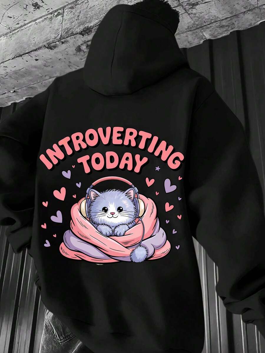 Introverting Today Cute Cat In Blanket Hoodie For Introverts, Cozy Soft Sweatshirt With Heart Design, Perfect Gift For Cat Lovers And Lonely Days, Valentine's Day, Birthday, Or Self-Care Outfit - Black - View 1