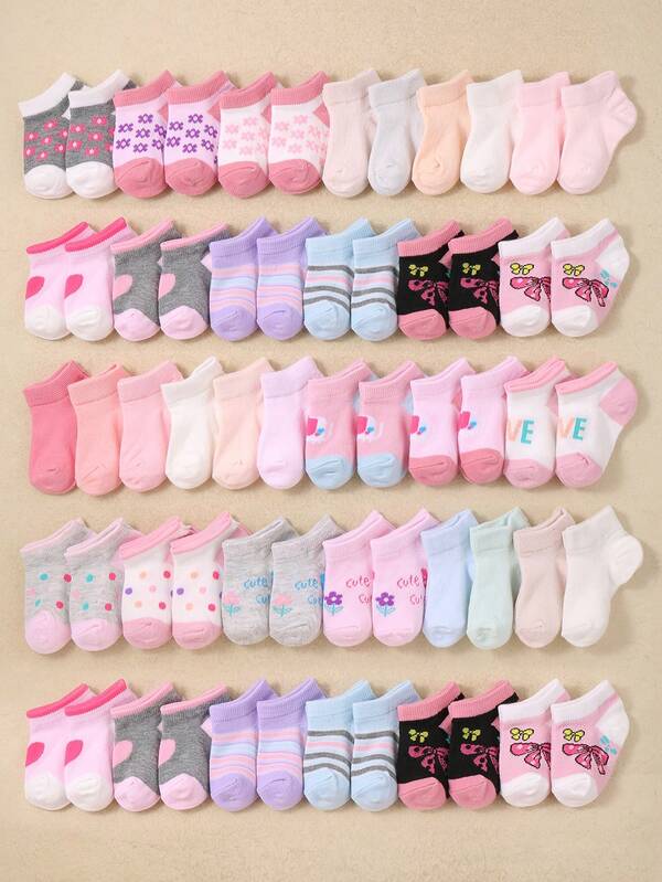 20 Pairs Soft Baby Socks With Rabbit, Heart, Flower And Bow Designs, Toddler Girls' Socks, Variety Of Cute Candy Colors, Breathable & Comfortable, Stretchy, Suitable For 0-36 Months Babies Daily Wear, All Seasons, Baby Socks, Toddler Girls' Socks, Infant Socks, Short Socks, Printed Socks, Newborn Gift, Christmas Gift, Baby Girl Gift