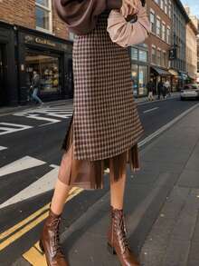 Elegant Women's Split Maxi Skirt, Plaid High Waist A-Line Mid-Length Skirt, Suitable For Spring, Autumn And Winter - Brown - View 8