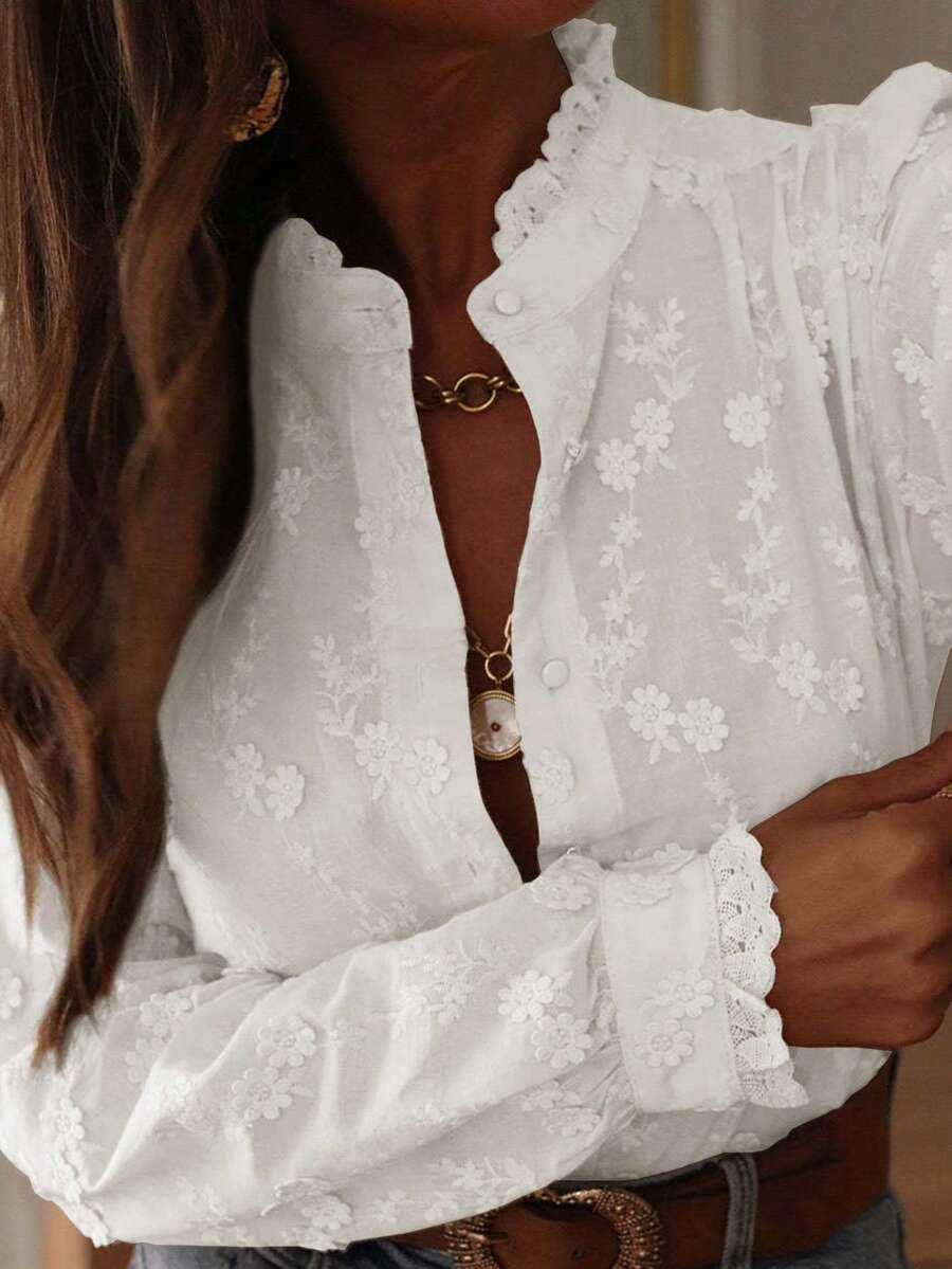 女士白色纽扣衬衫，适合办公室、教师、早午餐、秋季穿着、音乐会上衣等场合，优雅休闲风格。 - 白色 - 查看 1