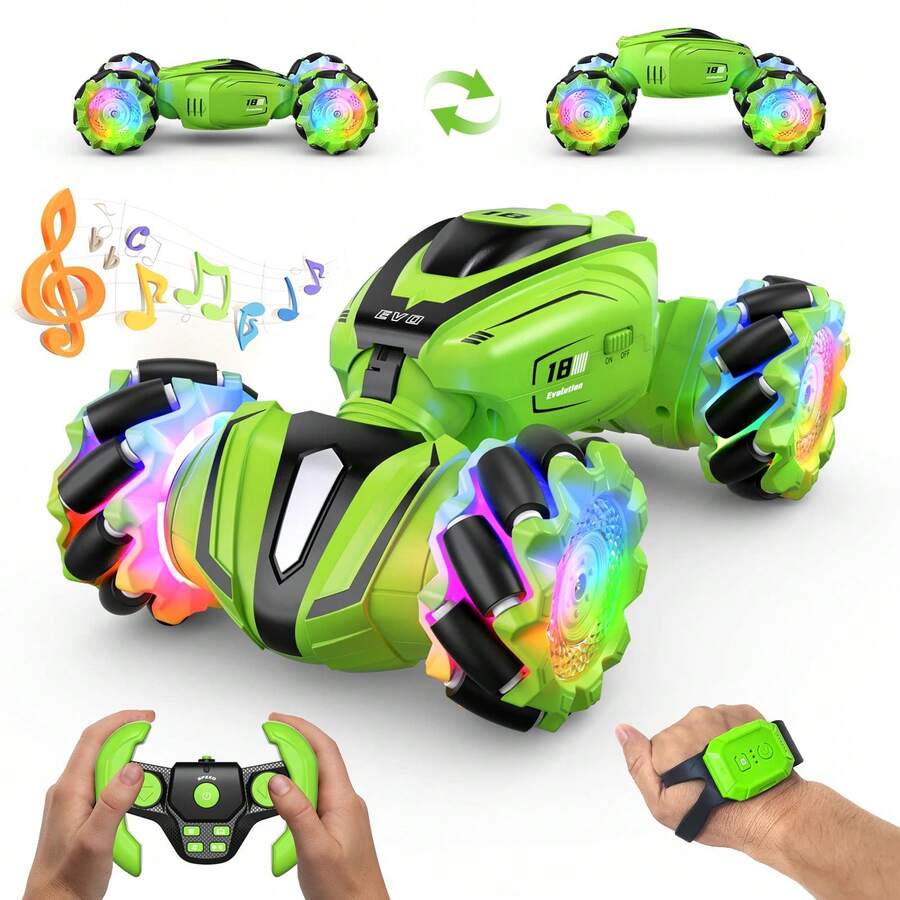 RC Stunt Car - 4WD Remote Control Car With Double-Sided Driving, Christmas Gifts,Stocking Stuffers,360° Flips & Rotation, All-Terrain Off-Road, Gesture Sensing - Toy For Kids Boys Girls Ages 6-12, Teens - 綠色 - 查看 1