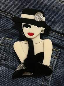 1pc Bohemian Style Acrylic Brooch, Handmade Elegant Lady Brooch With Cartoon Character Wearing Hat And Sunglasses, Creative Birthday Gift For Friends