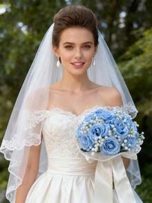 1 件装 满天星玫瑰新娘婚礼花束、新娘白色花束、婚礼人造花束、伴娘花束（配丝带）、情人节、装饰珍珠蕾丝网状玫瑰花束