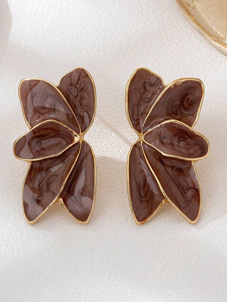 1 par de pendientes de botón con flor de esmalte de aleación de moda y sencillos - Marrón Chocolate - Ver 2