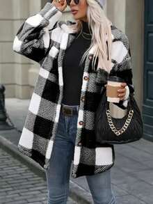Plus Size Women's Black & White Plaid Single-Breasted Pocket Fuzzy Jacket