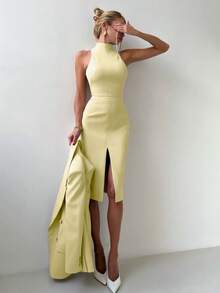 女士纯色浅黄色优雅通勤修身立领无袖上衣，适合音乐节、演唱会、年轻女孩日常穿着、海滩度假、摄影、圣诞节、情人节和其他节日。 - 黃色 - 查看 3