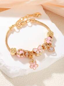 1 pieza Brazalete de flor de 5 pétalos color rosa y mariposa de moda, con diseño hueco de corazón, mariposa y flor, cierre de mosquetón de hueso de serpiente dorado ajustable, adecuado para festivales, ir al trabajo, regalo para mujeres - Multicolor - Ver 6