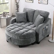 YOGLAD Modern Chaise Lounge Sofa Chair Indoor With Storage Ottoman, 2 Seater Sofa With Chaise Lounge, Irregular Armrest Loveseat Couch With Checkered Cushions And 2 Throw Pillows, Comfortable Fabric Upholstered Small Sofa For Living Room Bedroom Apartment, Easy Assembly - 灰色 - 查看 3