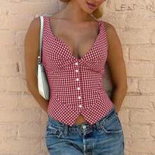 Women's Summer Casual Sleeveless Thick Strap Button Plaid Tank Top - Women Vacation Outfits, Summer Tops - Red - View 5
