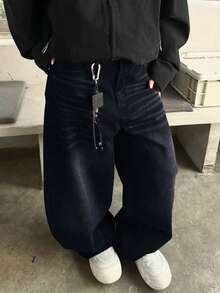 1件男士复古设计刺绣宽松做旧阔腿牛仔裤（产品不含腰带和配饰） - 黑色 - 查看 5