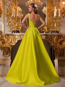 VIPGIRL 绿色无袖垂坠缎面礼服，配亮片肩带和长拖尾，优雅的女士美人鱼礼服，舞会礼服，晚礼服，婚礼宾客礼服，奢华迷人的舞会礼服 - 綠色 - 查看 2