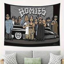 SnoopGangTapestry Homies Wall Hanging Tapestry - Urban Street Art Design With Vintage Car & Brick Wall Graffiti   High-Quality Peach Light Beige Fabric  Horizontal Wall Decor For Bedroom  Office  Party - Perfect Gift For Hip-Hop Fans   Office Artwork  Cartoon Style Graphic  Sleek Texture - Nhiều màu - Xem 3
