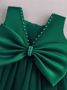 Baby Girls' Moss Green Bow Decor Mesh Patchwork Sleeveless Mini Dress - 墨綠色 - 查看 4