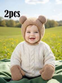 2pcs/Set Khaki Double Pom-Pom Hat And Mittens Knitted Winter Set For Toddlers - 2pcs - View 7