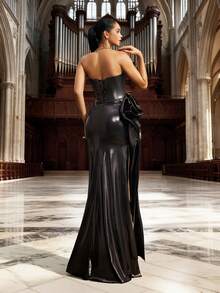 VIPGIRL 优雅黑色金属光泽无肩带高开衩礼服，闪亮抛光晚礼服，女士舞会礼服，闪亮派对礼服，奢华正式礼服，迷人宴会礼服 - 鏽棕色 - 查看 2