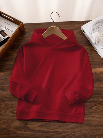 Boys & Kids Classic Casual Versatile Solid Red Hoodie, Suitable For Layering Or Wearing Alone