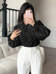 abyoxi 女士黑色V领蝴蝶结领长袖休闲办公衬衫，秋冬款 - 黑色 - 查看 6