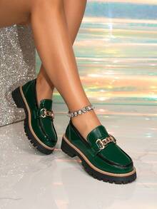 Women's Platform Loafers, New Autumn Vintage British Style Student Casual Soft Bottom Black Minimalist Chic Green Buckle Slip-On Shoes - Green - View 4
