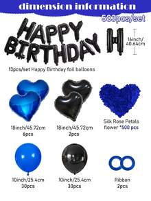 583pcs Blue & Black Birthday Balloon Kit, 500pcs Non-Woven Fabric Petals, 16" Happy Birthday Banner, 8pcs 18" Foil Heart Balloons, Thick Latex Balloons, Suitable For Men's Birthday Party, Dark Color Aesthetic Party Background, Romantic Bedroom Decor, Midnight Surprise Birthday Party Decor, Influencer Photo Backdrop, Anniversary, Home Decor, Photo Backdrop, Party Organizer, Event Planner - Multicolor - View 10