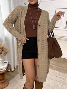 大码女式休闲纯色针织开衫，冬季 - 卡其色 - 查看 3