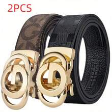 POYYAS 2Pcs Stylish Metal Buckle Belt For Men And Women - Fashionable Daily Decoration Jeans Belt With Fully Automatic Letter Buckle - Perfect Accessory For Business And Casual Occasions - Đen + Đen Bạc - Xem 2